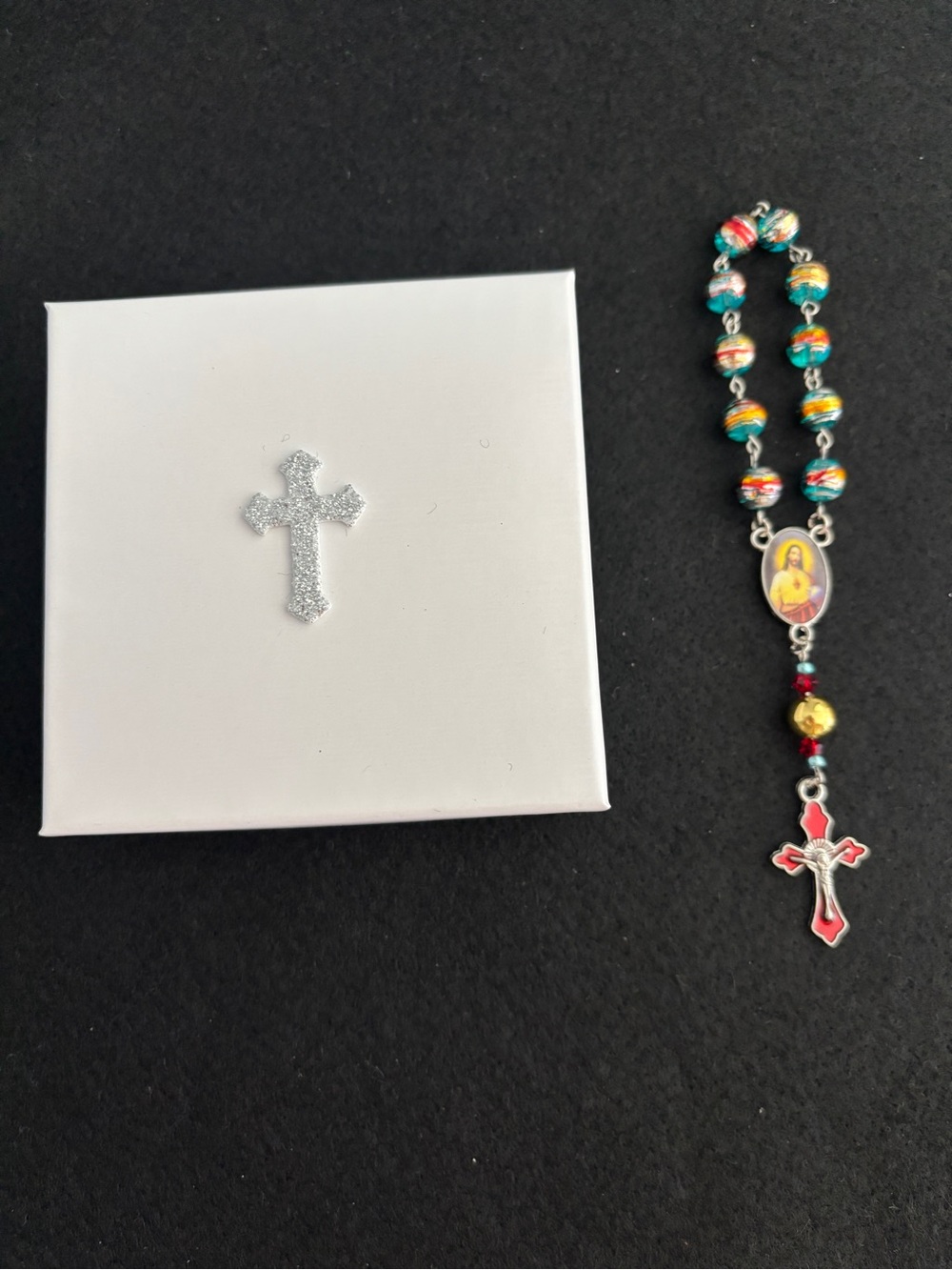 Catholic Rosary One Decade Painted Blue and Red Sacred Heart of Jesus Handmade